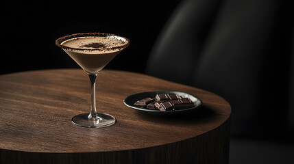 Chocolate martini with chocolate shavings, with pieces of dark and milk chocolate on the table
