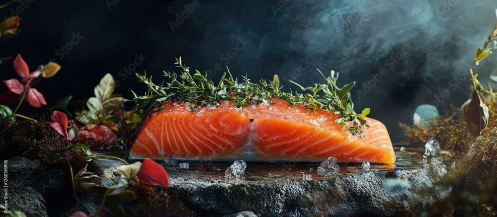 Poster vibrant salmon fillet on a stone surface garnished with fresh herbs featuring green and red foliage 