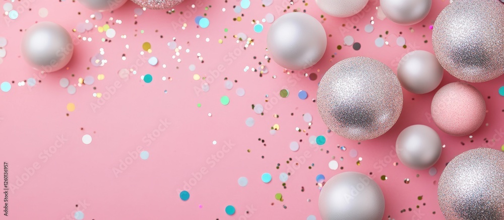 Aufkleber Glittery silver and white balls arranged on a soft pink backdrop scattered with colorful confetti creating a festive visual effect