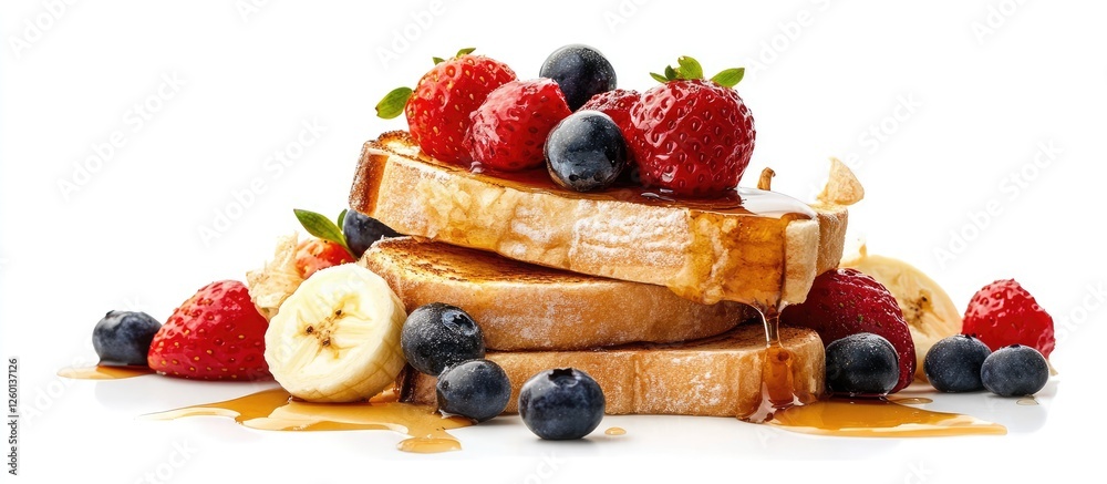 Poster delicious stack of french cinnamon toast topped with fresh blueberries raspberries and banana drizzl