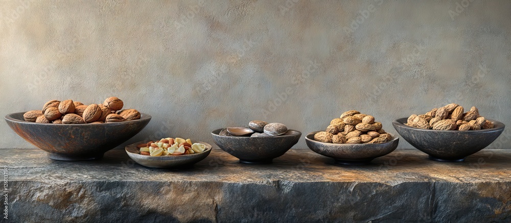 Aufkleber Assorted nuts displayed in five rustic bowls on textured stone table against a muted background showcasing earthy tones and natural colors.