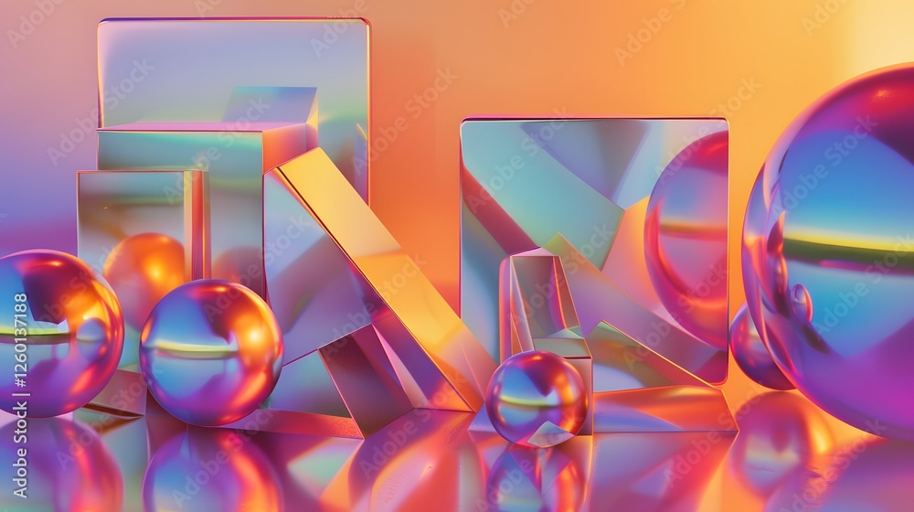 Poster a group of shiny objects are arranged in a colorful pattern