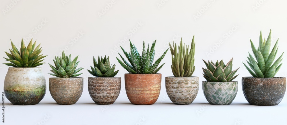 Aufkleber assorted haworthia succulent plants in ceramic pots arranged in a row against a light background sho