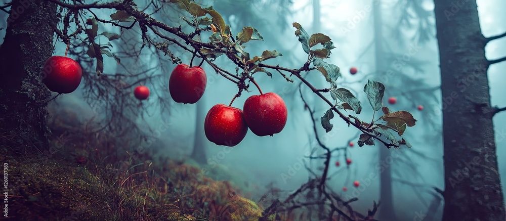 Aufkleber Pine forest shrouded in fog with vibrant red apples hanging from branches surrounded by lush green leaves creating a tranquil and enchanting scene