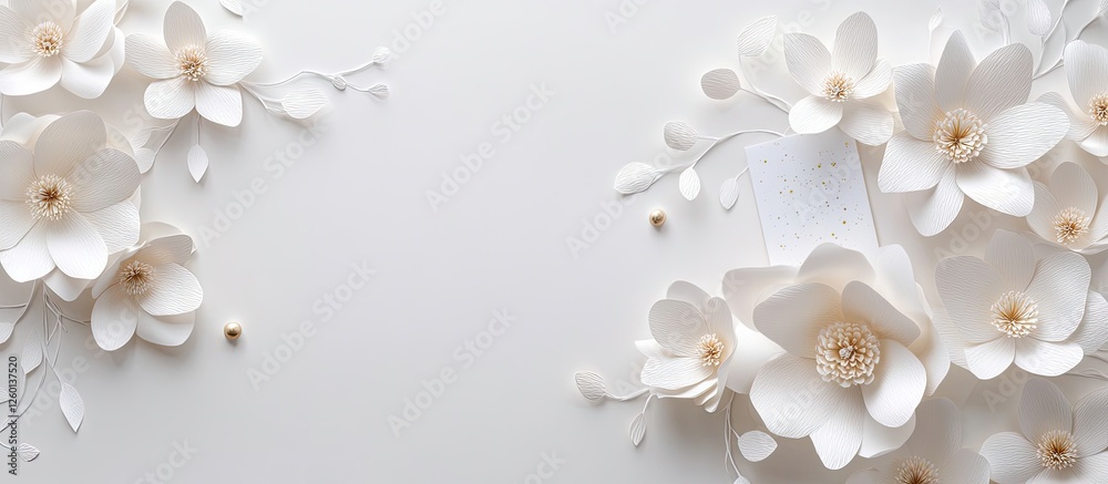 Poster elegant composition of white paper flowers and a greeting card on a light gray background with flora