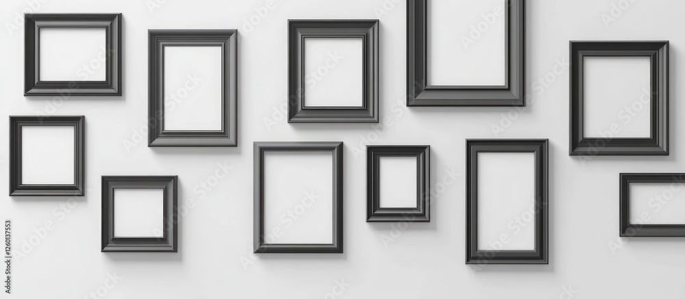Aufkleber black frames arranged asymmetrically on a clean white wall, creating an elegant art display with var