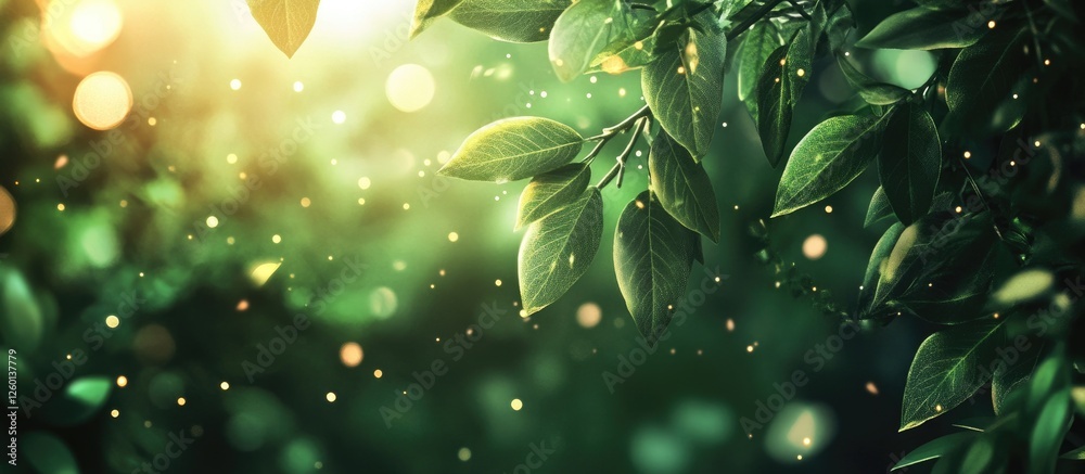 Fototapete Lush green leaves with soft sunlight filtering through, creating a warm bokeh effect, hints of gold and light shimmering in a serene forest setting.