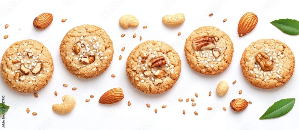Aufkleber Nutty homemade cookies arranged in a row on a white background with scattered nuts and green leaves enhancing the rustic appearance.