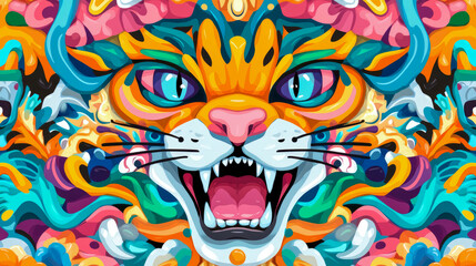 Obraz premium Psychedelic Cat Face: An Abstract Graphic for Prints, Textiles, and Unique Wall Decor