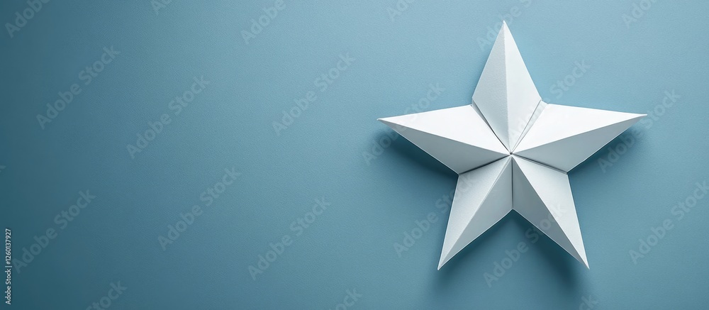 Poster five pointed white origami star positioned slightly right on a soft blue background, creating an ele