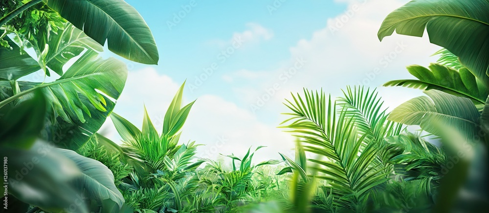Poster lush green foliage under a bright blue sky with soft clouds in the background, creating a serene tro