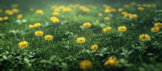 Obraz premium Vibrant green field filled with blooming yellow dandelions, captured in a close-up with soft focus background, showcasing spring's beauty.