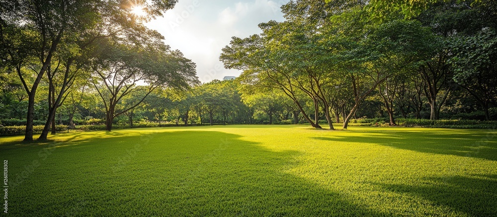 Aufkleber lush green lawn surrounded by trees under soft sunlight creating a serene natural landscape with vib