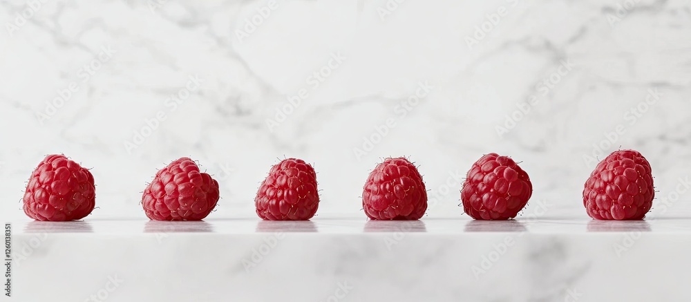 Poster vibrant red raspberries lined up on a reflective surface against a clean white marble backdrop highl