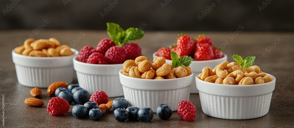 Poster colorful bowls filled with fresh raspberries blueberries strawberries and mixed nuts arranged centra