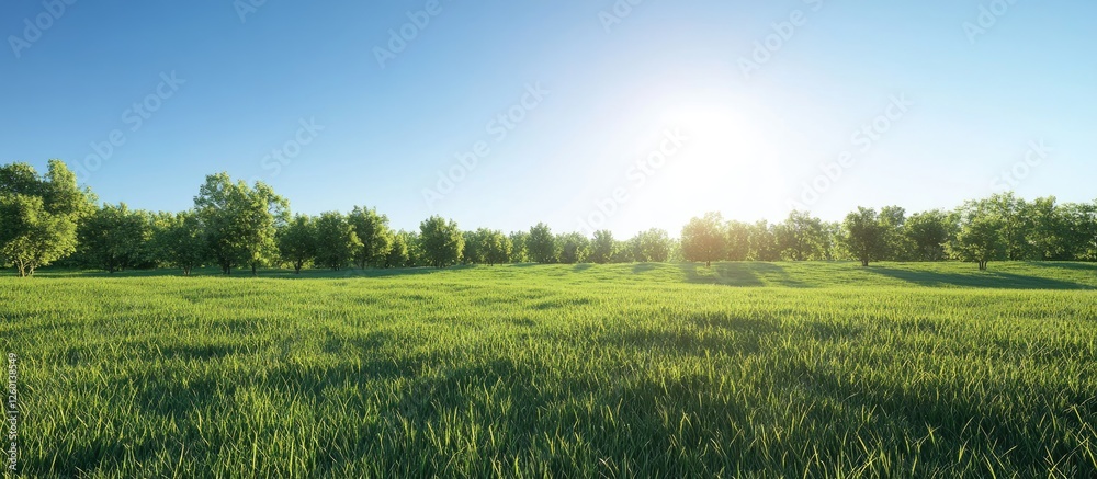 Aufkleber vast green field under a clear blue sky with the sun rising on the horizon framed by trees on either