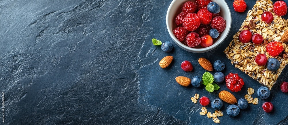 Poster cereal granola bar with nuts and berries displayed on a blue stone table with fresh raspberries and 