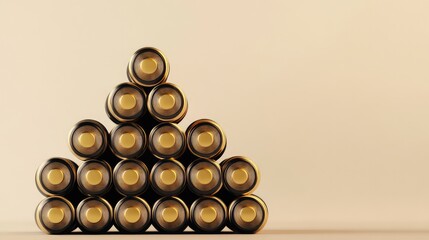A stack of alkaline batteries placed in a pyramid formation on a neutral background, modern and sleek.