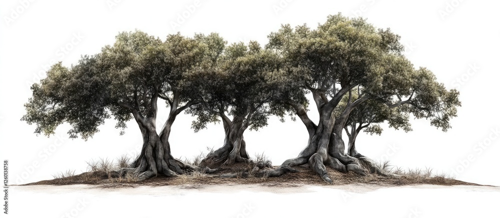 Poster group of four lush green trees with detailed textured trunks positioned closely together on a white 
