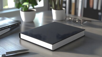a book on a desk with a pen and a pair of glasses