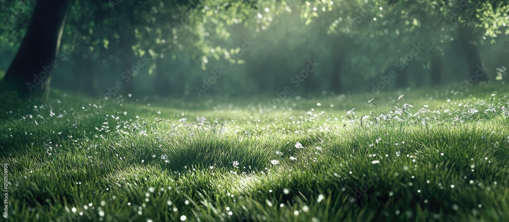Poster lush green forest landscape with dappled sunlight filtering through trees, sparkling dew on grass, c