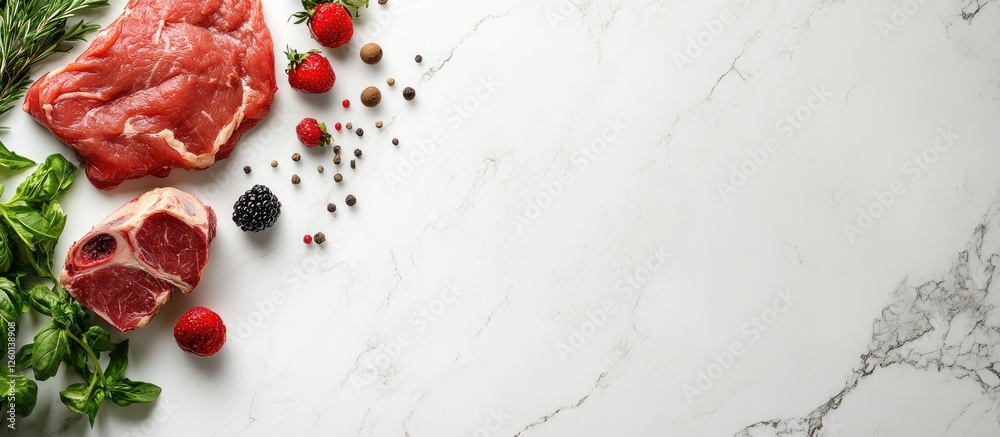 Poster fresh raw meat cuts on a white marble countertop surrounded by herbs and colorful spices including r
