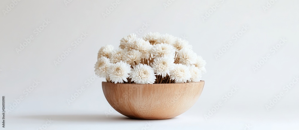 Aufkleber dried white chrysanthemums in a wooden bowl on a white background with ample negative space creating