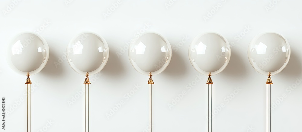 Poster elegant arrangement of five white helium balloons with gold accents on thin strings, set against a s