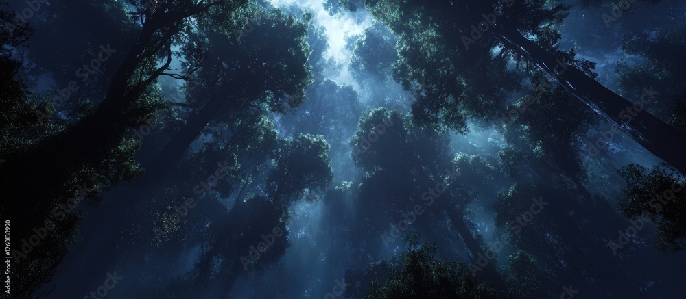 Poster dark atmospheric forest canopy view with dramatic lighting, towering trees in deep greens and blues,