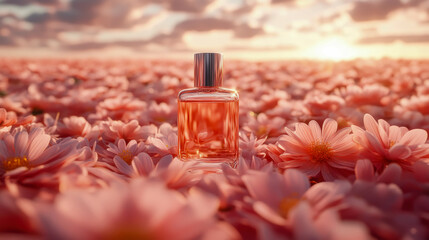 Fragrance of Bloom: Essence bottle in field of pink flower at sunset, for beauty product promo, floral perfume scent.