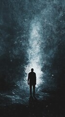 Silhouette of a person stands against a bright ethereal background