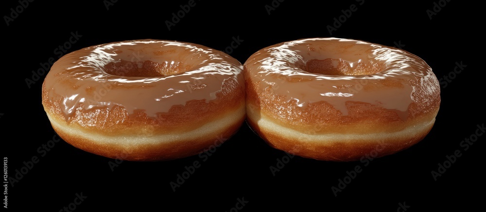 Poster gourmet glazed donuts with a shiny caramel coating placed on a black background showcasing rich text