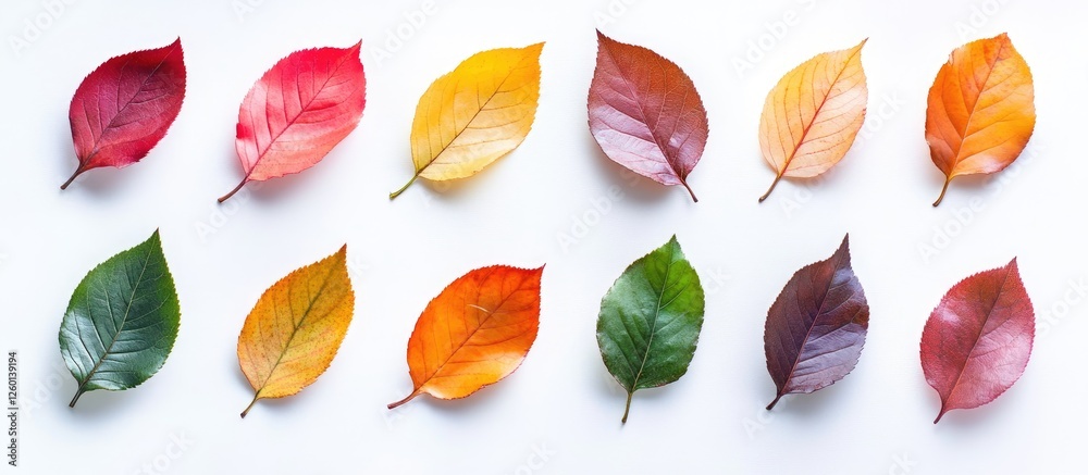Aufkleber collection of multicolored autumn leaves arranged in rows on a white background featuring reds, yell
