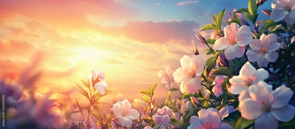 Poster sunset sky with soft pink and orange hues illuminates jasmine flowers in full bloom, creating a sere