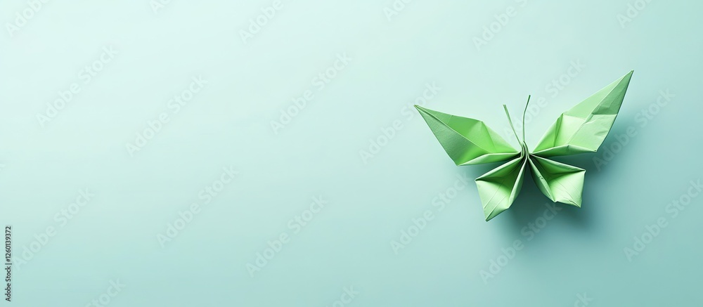 Aufkleber green origami butterfly on a light teal background with a smooth texture, positioned in the lower ri