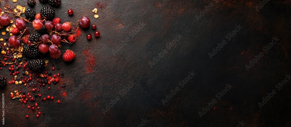 Poster Colorful mix of muesli and assorted berries scattered on a dark rustic background emphasizing healthy breakfast options and vibrant colors.