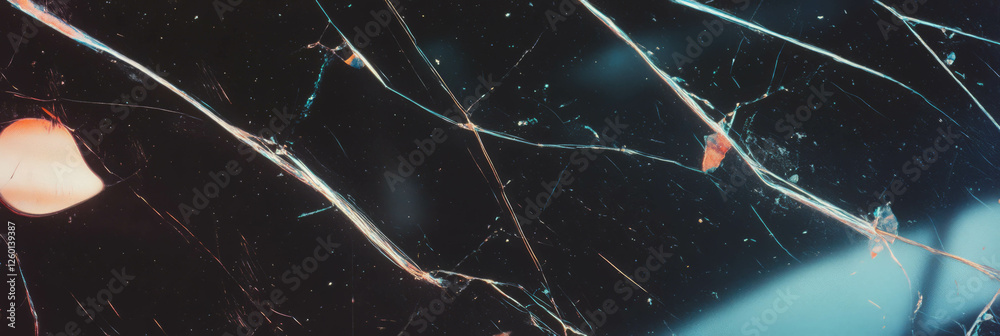 Poster exploration of unique textures in heavily scratched film showcasing random curved scratches