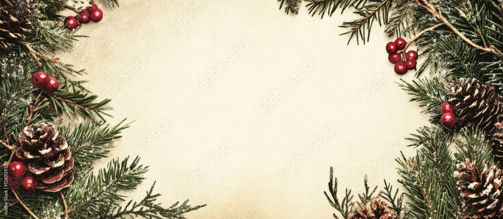 Aufkleber Vintage Christmas paper background with a distressed cream center surrounded by pine branches red berries and pine cones creating a festive charm