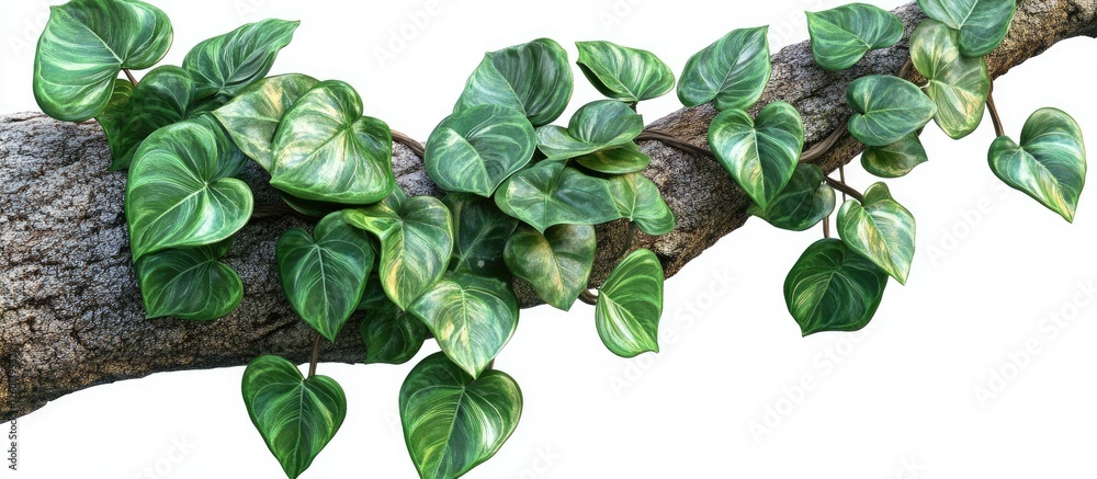Aufkleber lush green fiddle leaf philodendron vines cascading over a textured brown tree trunk isolated on whi