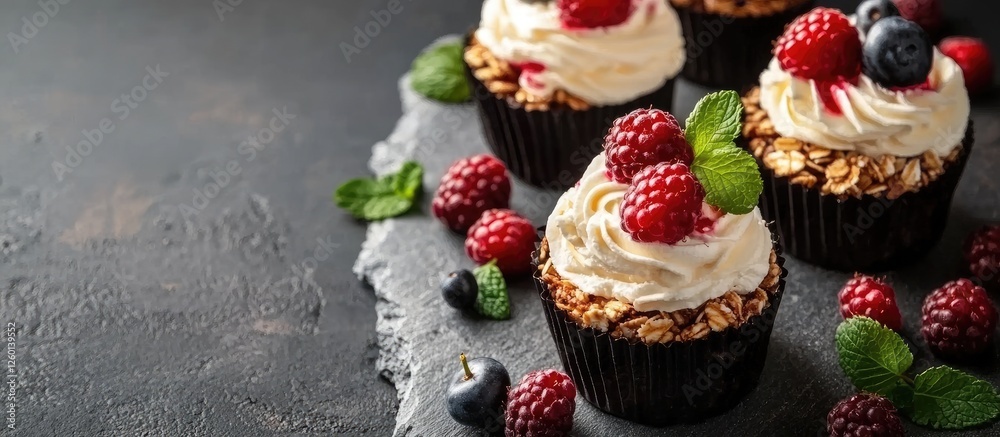 Aufkleber gourmet cupcakes topped with cream and fresh raspberries on a dark stone surface with mint leaves ar