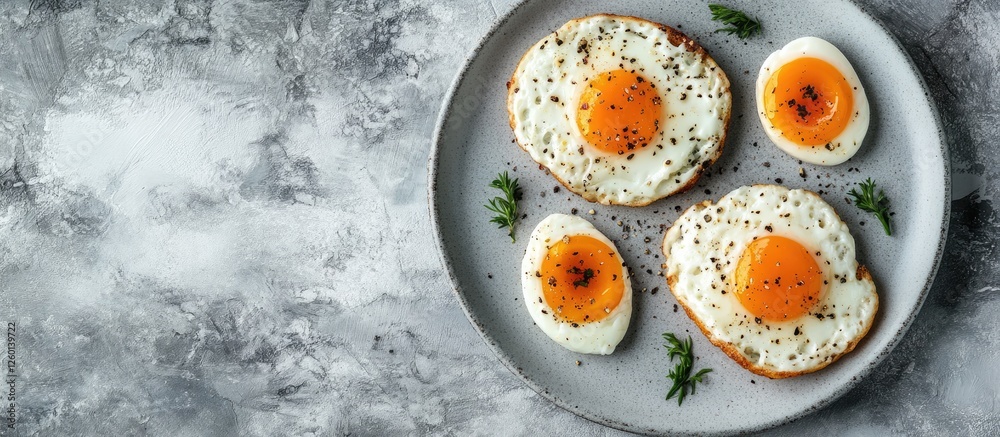 Poster healthy breakfast with golden fried eggs and soft-boiled eggs on a gray plate with greens against a 