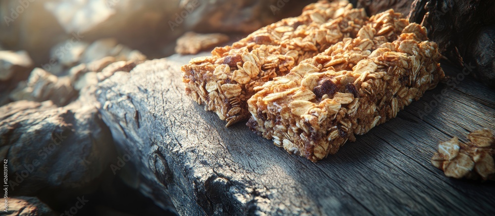 Poster granola bars with oats and nuts placed on textured wooden surface illuminated by soft natural light 