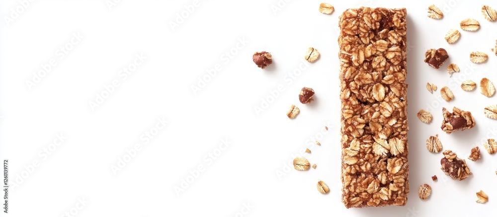 Poster assorted healthy granola bars on a white background with scattered oats and nuts in the lower right 