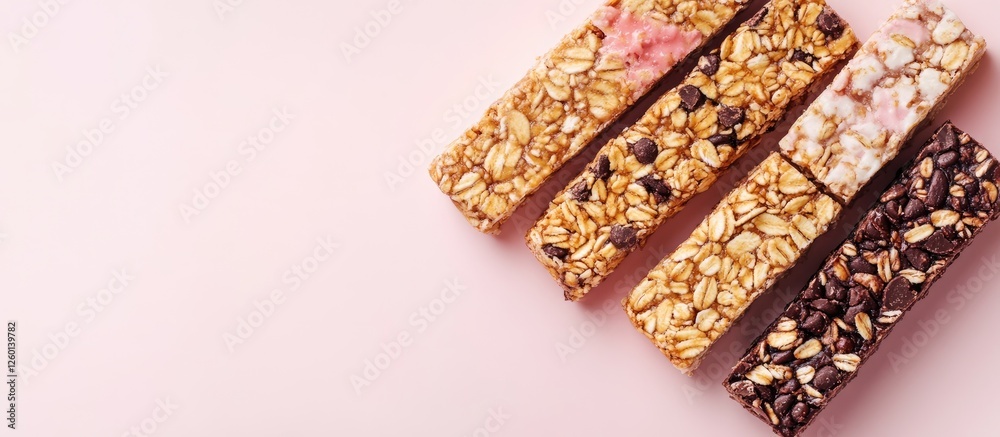 Poster assorted granola bars in pastel colors on a soft pink background showcasing textures and ingredients