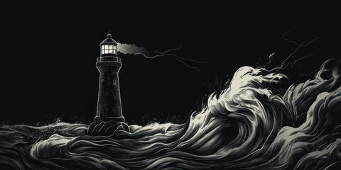 Fototapeta premium Lighthouse stands tall against the tumultuous waves under dark sky