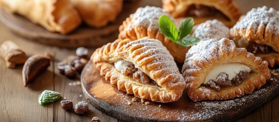 Freshly prepared Italian wedding pastries filled with creamy chocolate and dusted with powdered sugar on a rustic wooden board with mint accents.