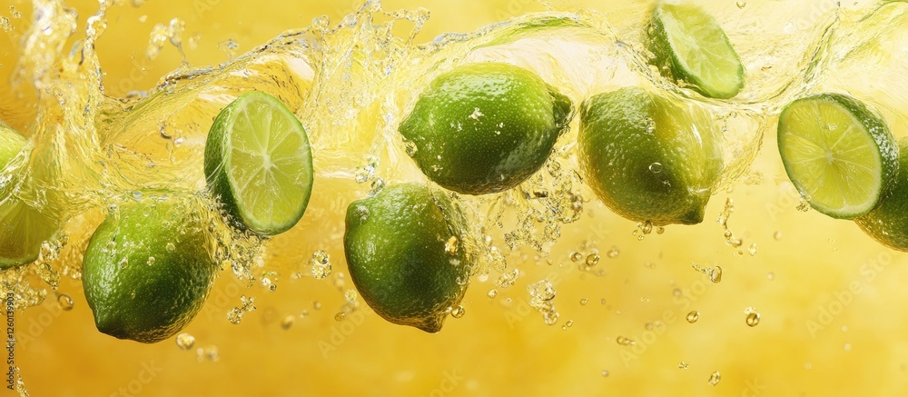 Poster fresh green limes splashing into vibrant yellow juice background creating dynamic water droplets and