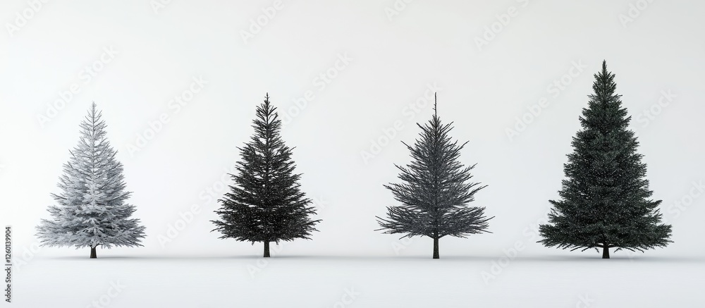 Poster four christmas trees in varying shades of green, positioned symmetrically in a serene snow-covered l