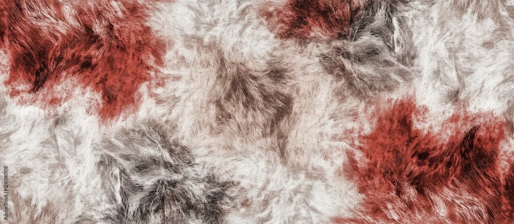 Aufkleber Soft textured fabric with abstract patterns in shades of red, brown, and cream, featuring a fluffy appearance and varied color clusters.