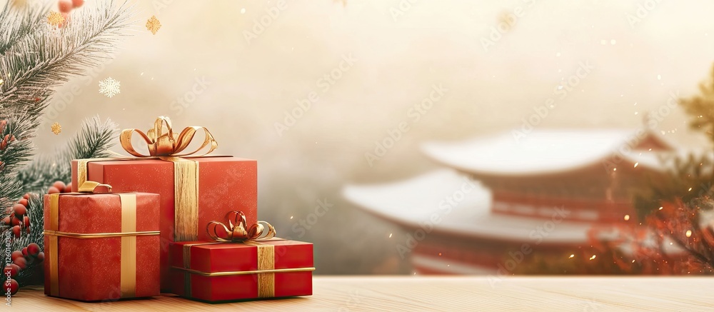 Poster red gift boxes wrapped in gold ribbons with pine branches and decorative elements in the foreground 